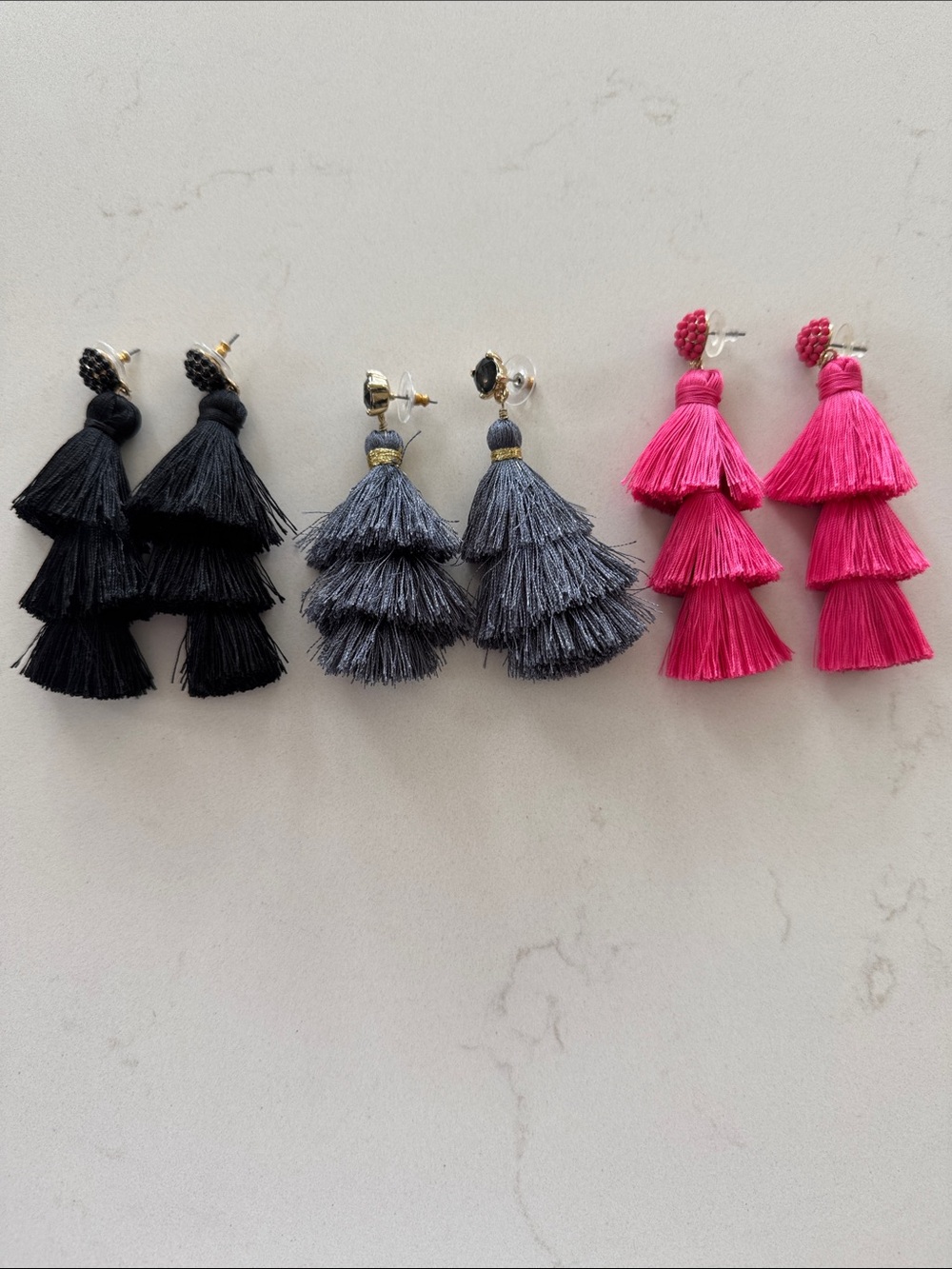 Sugarfix Three Pairs Tiered Tassel Earrings - Black, Blue, Hot Pink NWOT